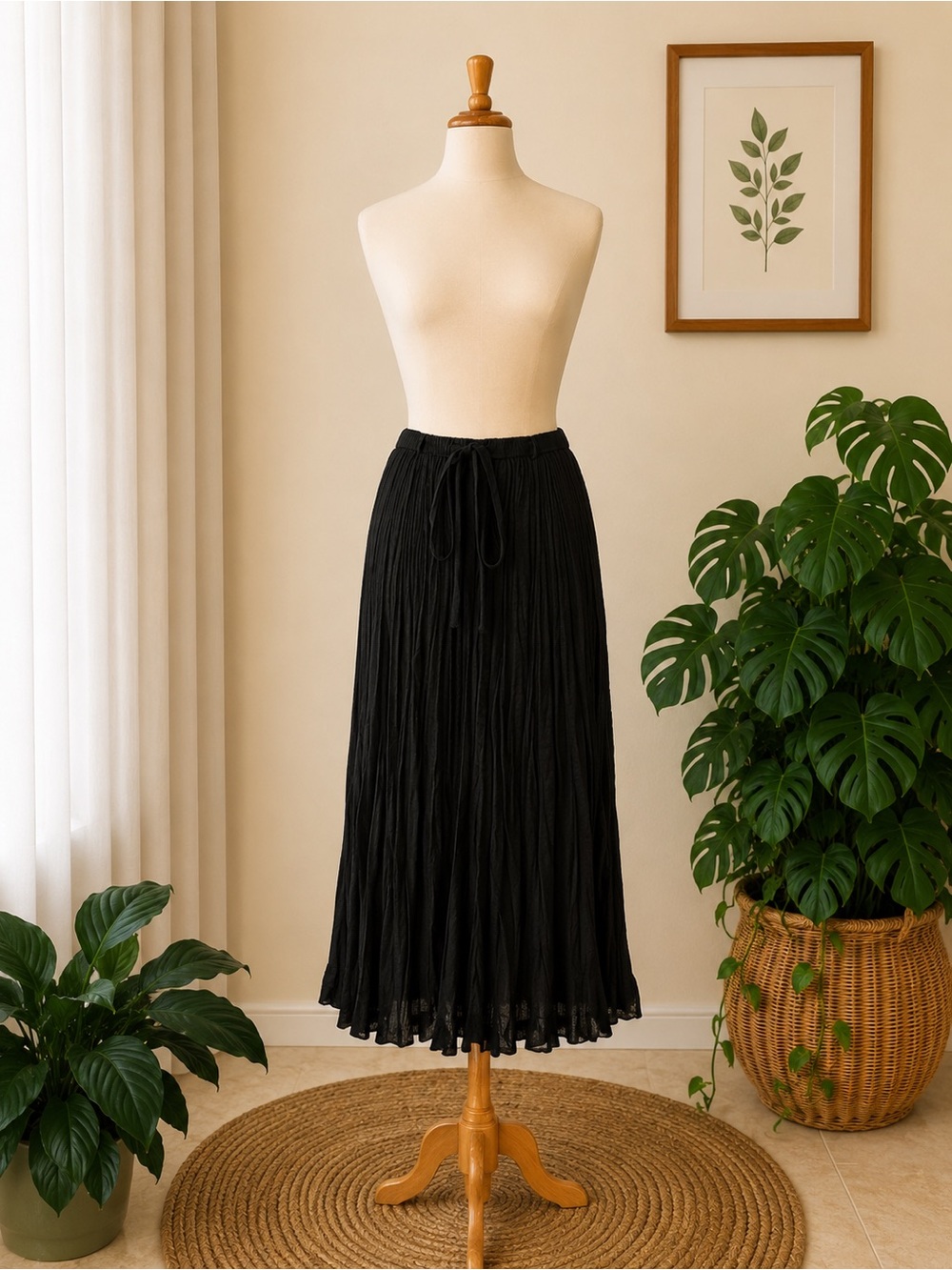 Viviana Uchitel NWT Black 100% Silk Pleated Midi Maxi Skirt Tie Waist - Picture 1 of 5